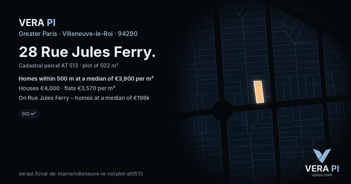 28 Rue Jules Ferry, Villeneuve-le-Roi at night – the plot lit, the parcels around coloured by the prices near them