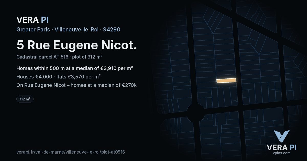 5 Rue Eugene Nicot, Villeneuve-le-Roi at night – the plot lit, the parcels around coloured by the prices near them