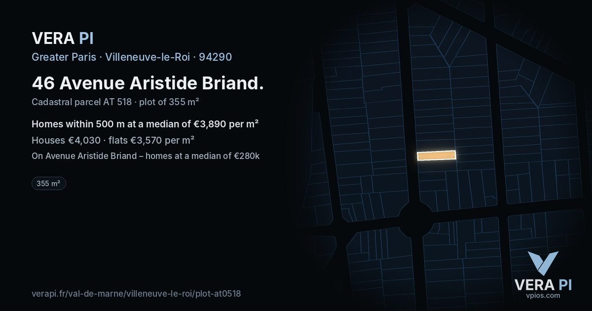 46 Avenue Aristide Briand, Villeneuve-le-Roi at night – the plot lit, the parcels around coloured by the prices near them