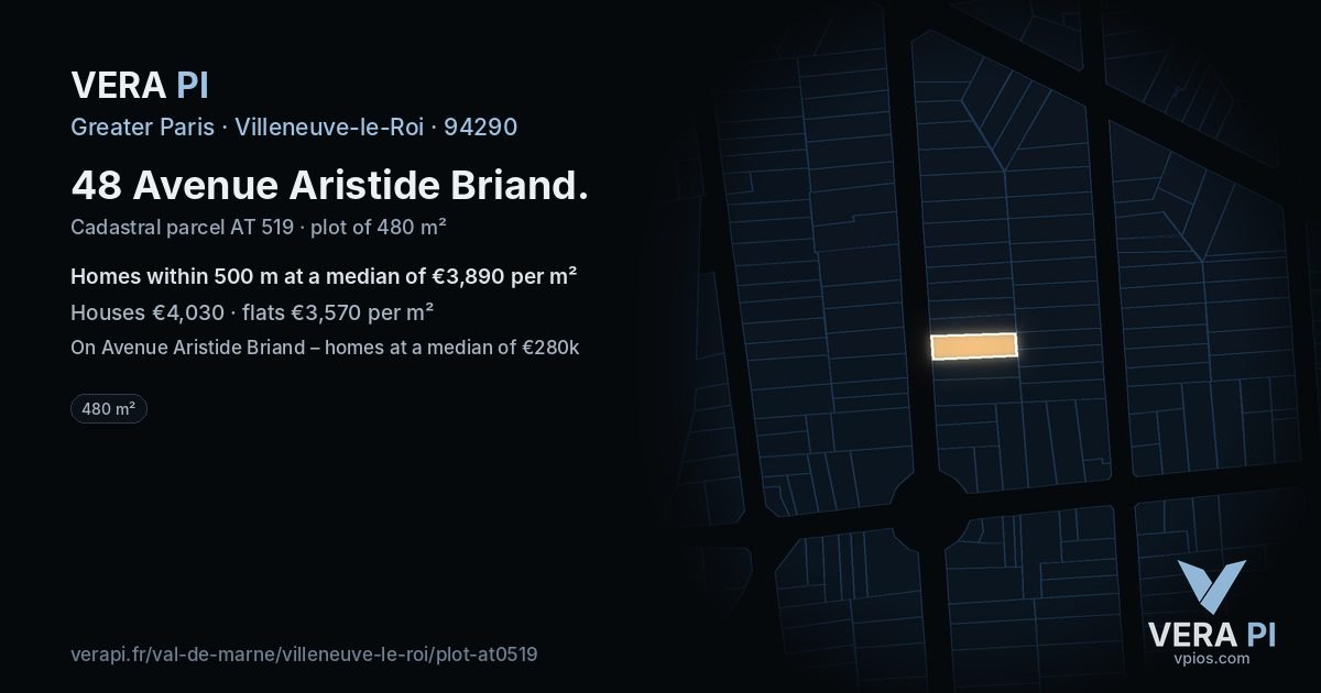 48 Avenue Aristide Briand, Villeneuve-le-Roi at night – the plot lit, the parcels around coloured by the prices near them