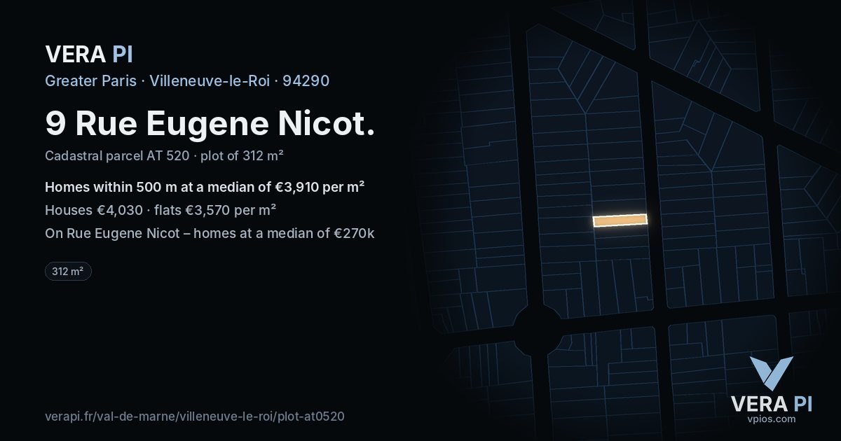 9 Rue Eugene Nicot, Villeneuve-le-Roi at night – the plot lit, the parcels around coloured by the prices near them