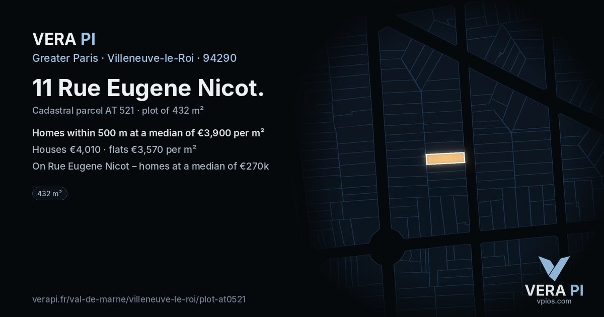 11 Rue Eugene Nicot, Villeneuve-le-Roi at night – the plot lit, the parcels around coloured by the prices near them