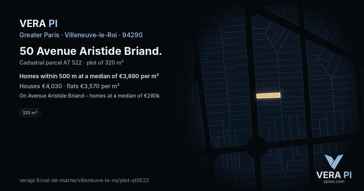 50 Avenue Aristide Briand, Villeneuve-le-Roi at night – the plot lit, the parcels around coloured by the prices near them