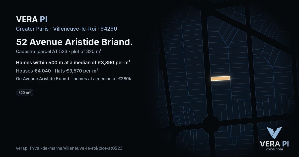 52 Avenue Aristide Briand, Villeneuve-le-Roi at night – the plot lit, the parcels around coloured by the prices near them