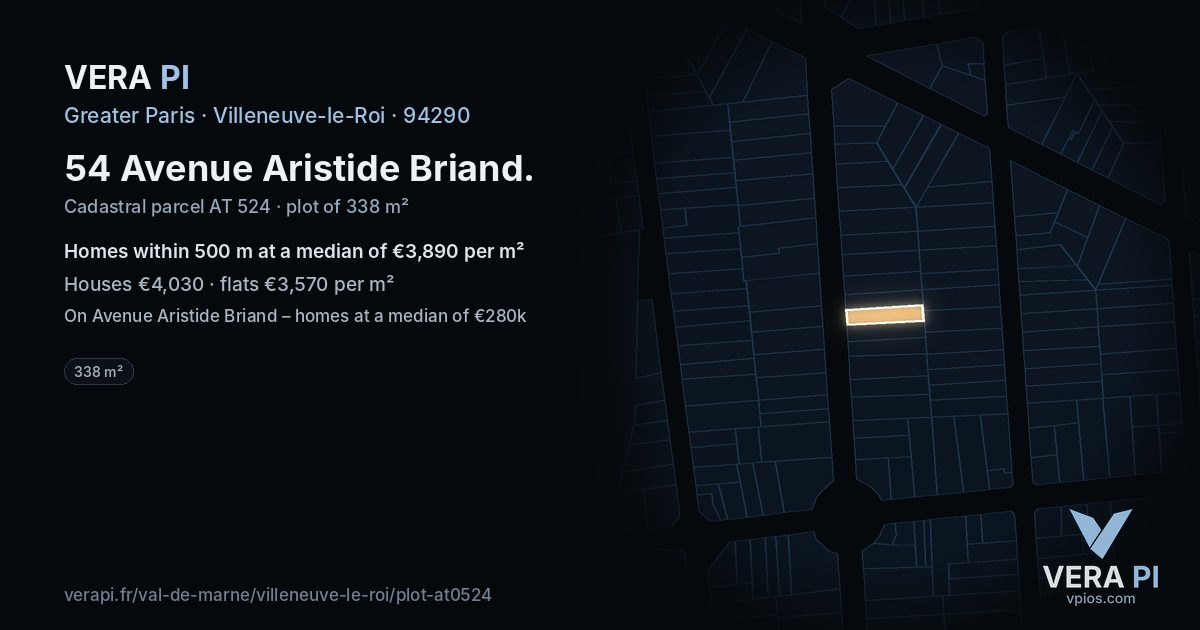 54 Avenue Aristide Briand, Villeneuve-le-Roi at night – the plot lit, the parcels around coloured by the prices near them
