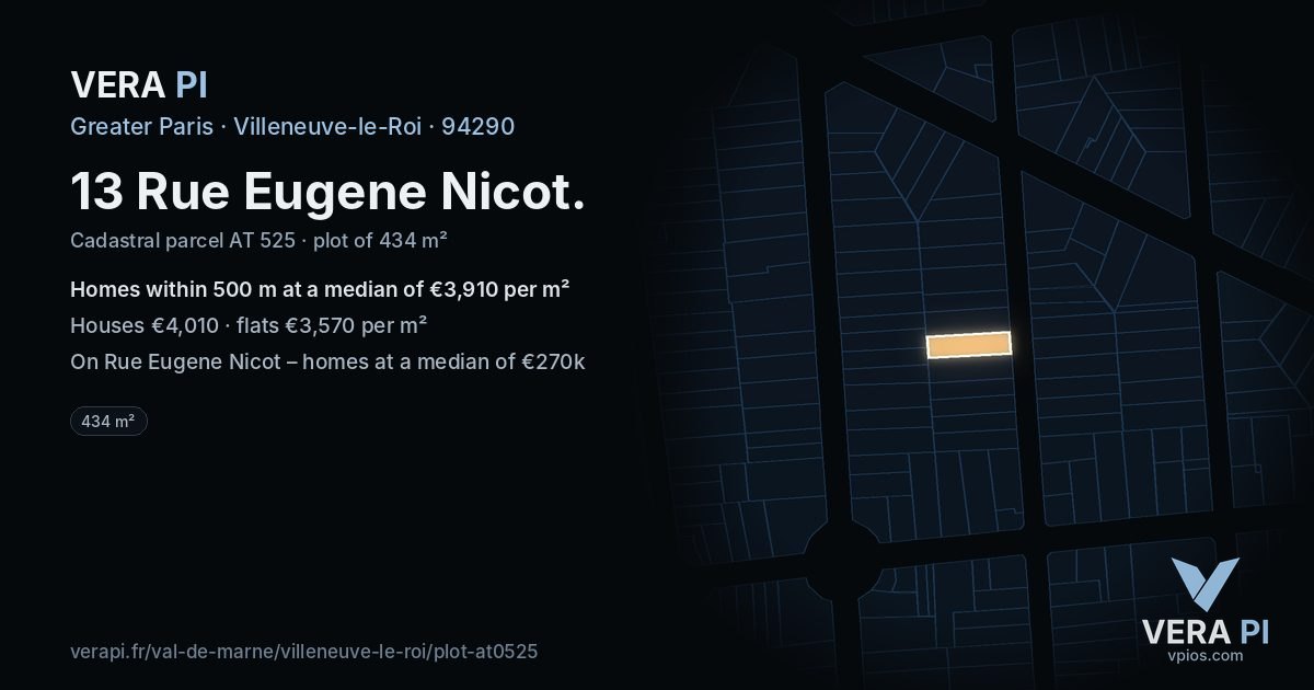 13 Rue Eugene Nicot, Villeneuve-le-Roi at night – the plot lit, the parcels around coloured by the prices near them