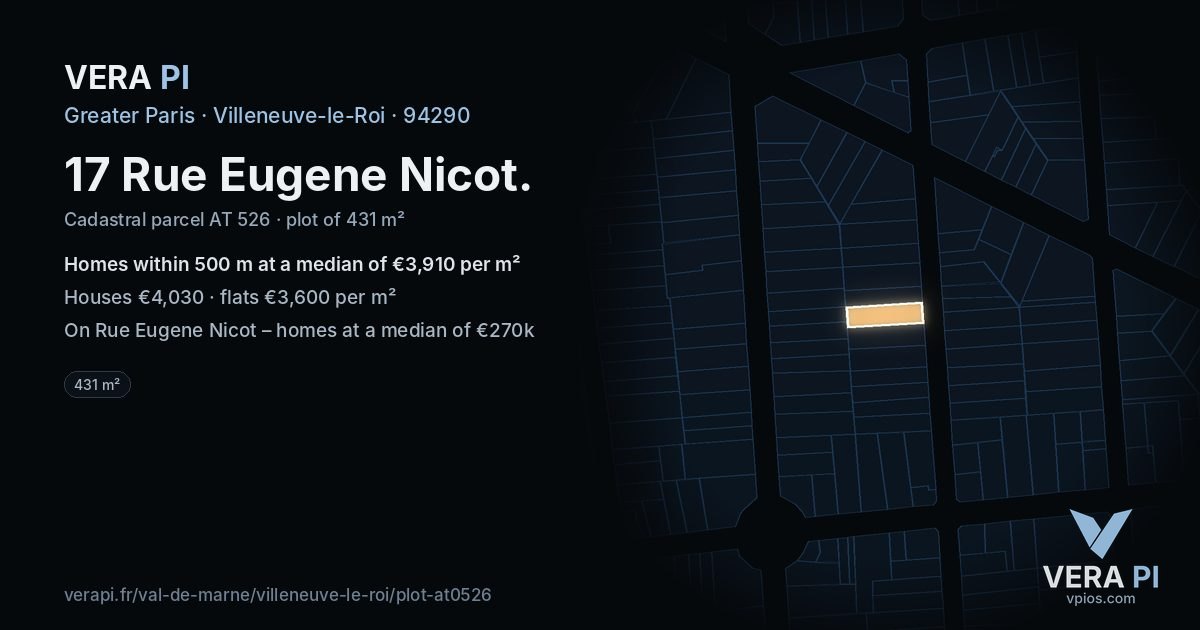 17 Rue Eugene Nicot, Villeneuve-le-Roi at night – the plot lit, the parcels around coloured by the prices near them