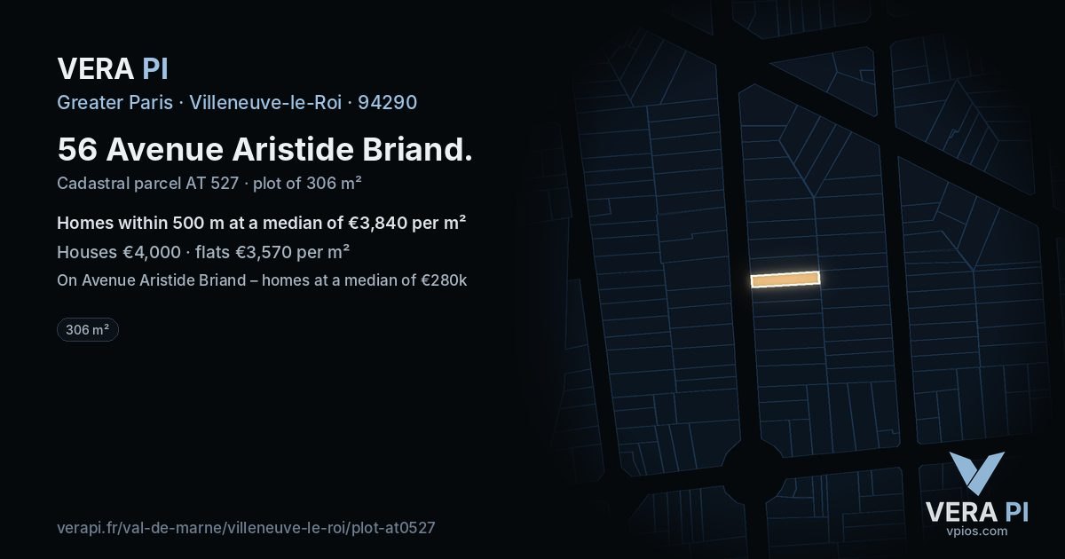 56 Avenue Aristide Briand, Villeneuve-le-Roi at night – the plot lit, the parcels around coloured by the prices near them