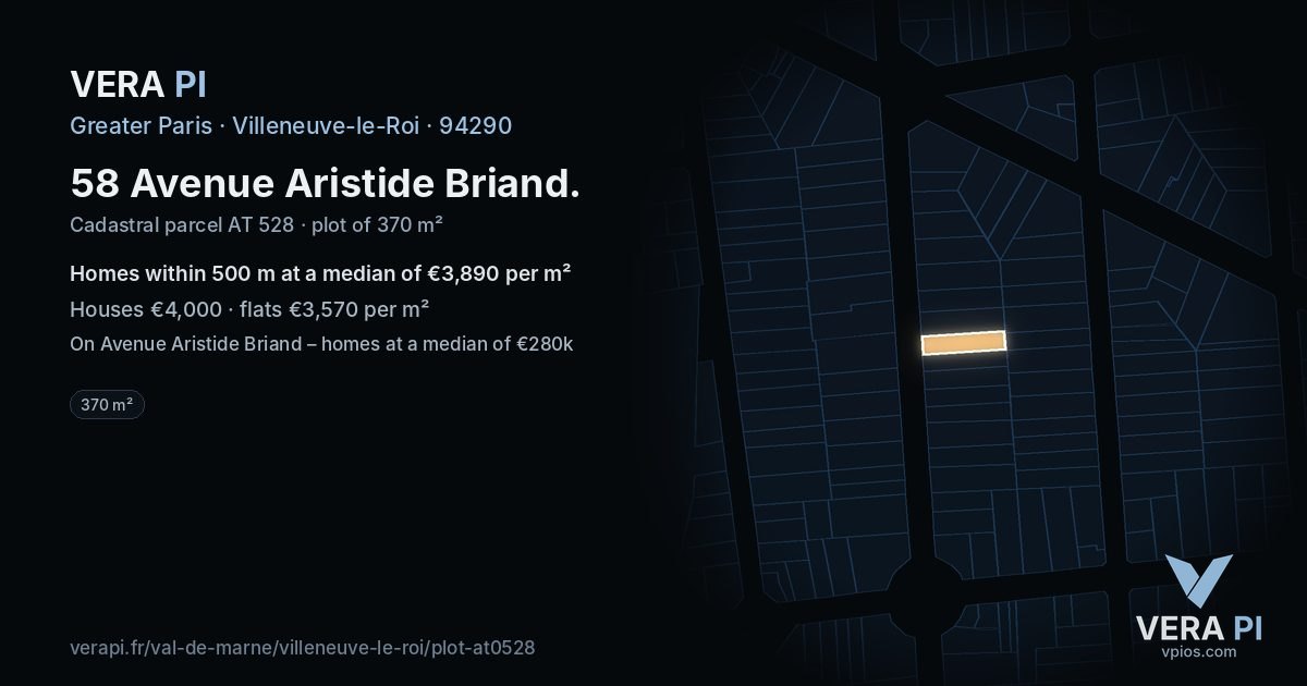 58 Avenue Aristide Briand, Villeneuve-le-Roi at night – the plot lit, the parcels around coloured by the prices near them