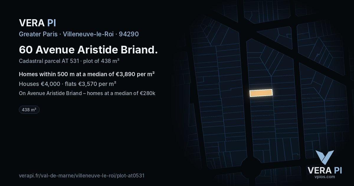 60 Avenue Aristide Briand, Villeneuve-le-Roi at night – the plot lit, the parcels around coloured by the prices near them