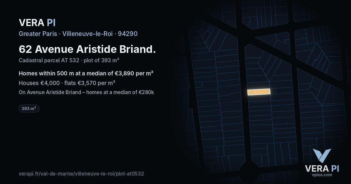 62 Avenue Aristide Briand, Villeneuve-le-Roi at night – the plot lit, the parcels around coloured by the prices near them