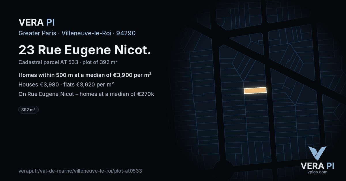 23 Rue Eugene Nicot, Villeneuve-le-Roi at night – the plot lit, the parcels around coloured by the prices near them