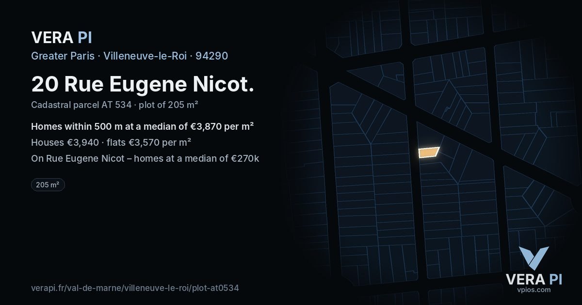 20 Rue Eugene Nicot, Villeneuve-le-Roi at night – the plot lit, the parcels around coloured by the prices near them