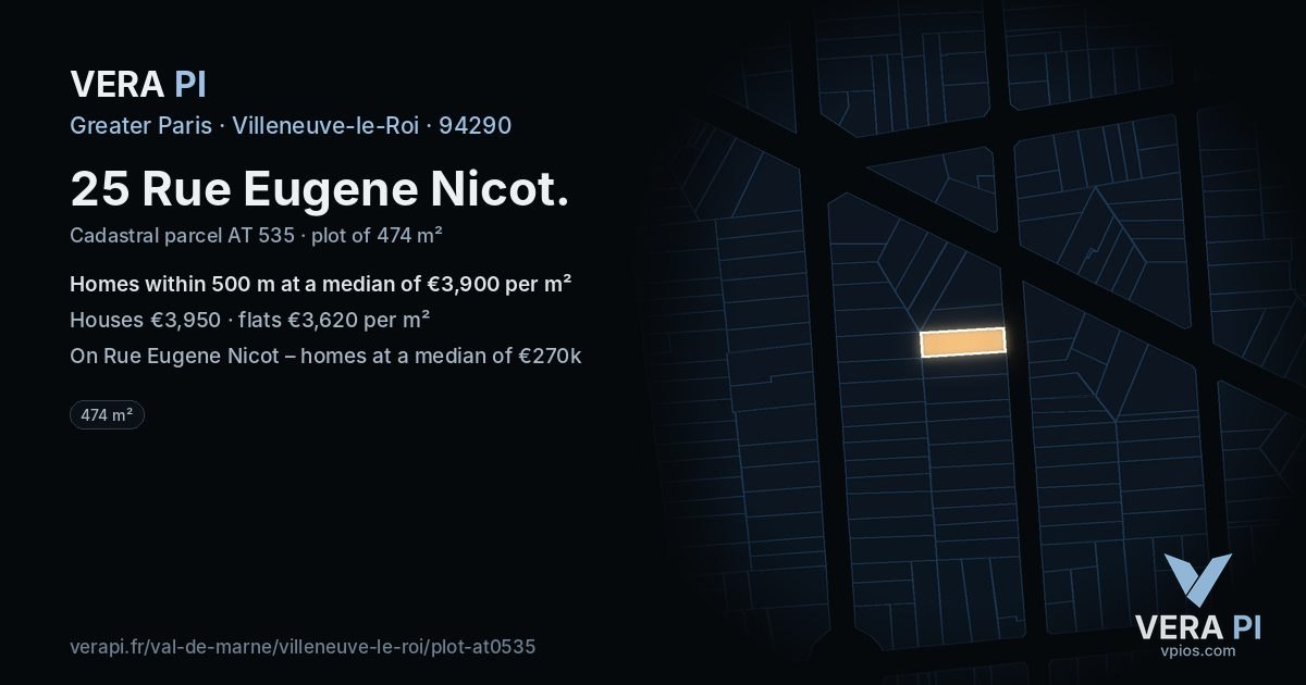 25 Rue Eugene Nicot, Villeneuve-le-Roi at night – the plot lit, the parcels around coloured by the prices near them