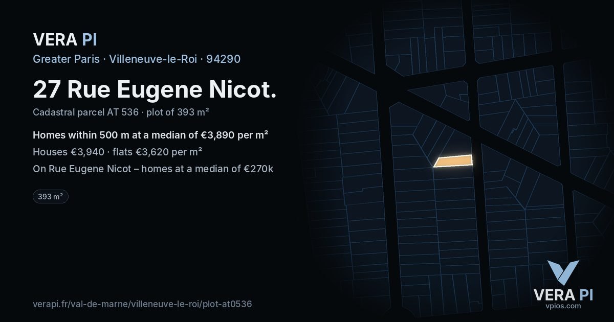 27 Rue Eugene Nicot, Villeneuve-le-Roi at night – the plot lit, the parcels around coloured by the prices near them