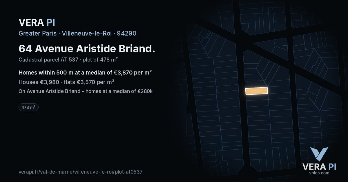 64 Avenue Aristide Briand, Villeneuve-le-Roi at night – the plot lit, the parcels around coloured by the prices near them