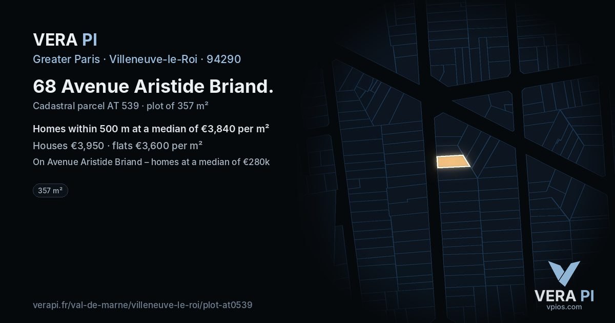 68 Avenue Aristide Briand, Villeneuve-le-Roi at night – the plot lit, the parcels around coloured by the prices near them