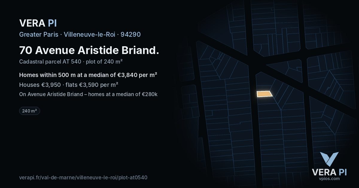 70 Avenue Aristide Briand, Villeneuve-le-Roi at night – the plot lit, the parcels around coloured by the prices near them