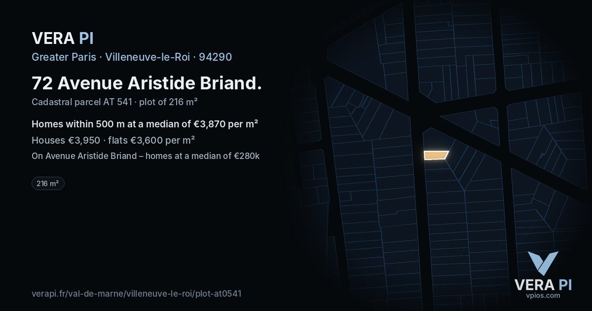 72 Avenue Aristide Briand, Villeneuve-le-Roi at night – the plot lit, the parcels around coloured by the prices near them