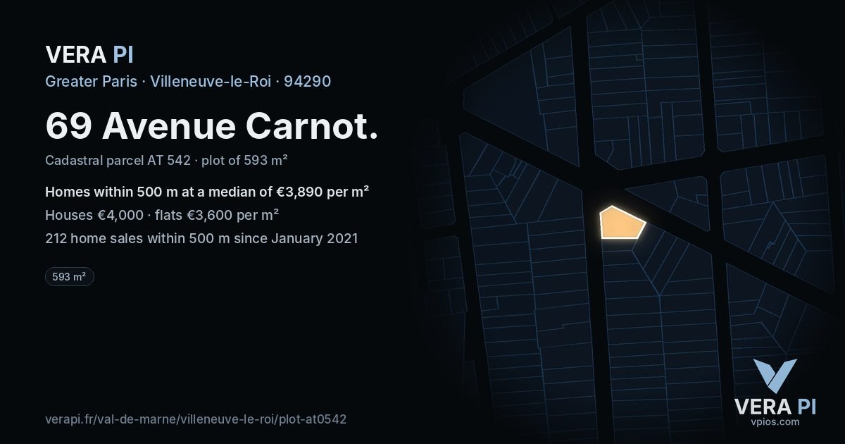 69 Avenue Carnot, Villeneuve-le-Roi at night – the plot lit, the parcels around coloured by the prices near them