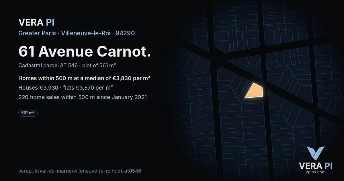 61 Avenue Carnot, Villeneuve-le-Roi at night – the plot lit, the parcels around coloured by the prices near them