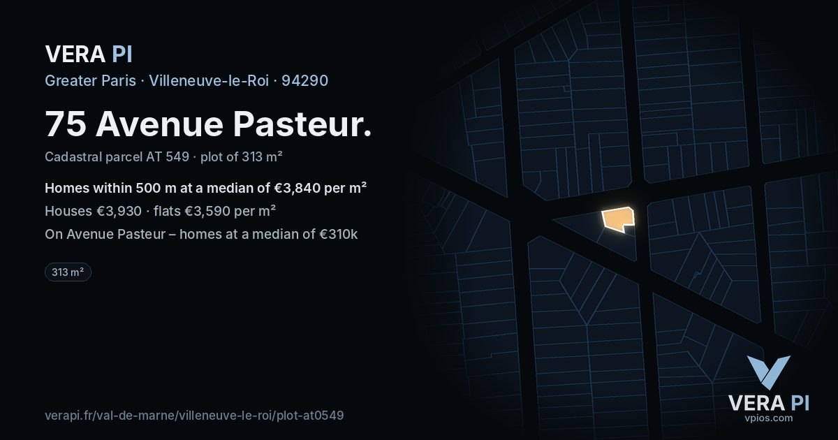 75 Avenue Pasteur, Villeneuve-le-Roi at night – the plot lit, the parcels around coloured by the prices near them