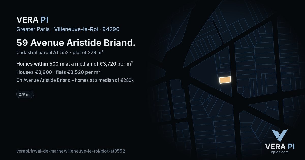 59 Avenue Aristide Briand, Villeneuve-le-Roi at night – the plot lit, the parcels around coloured by the prices near them
