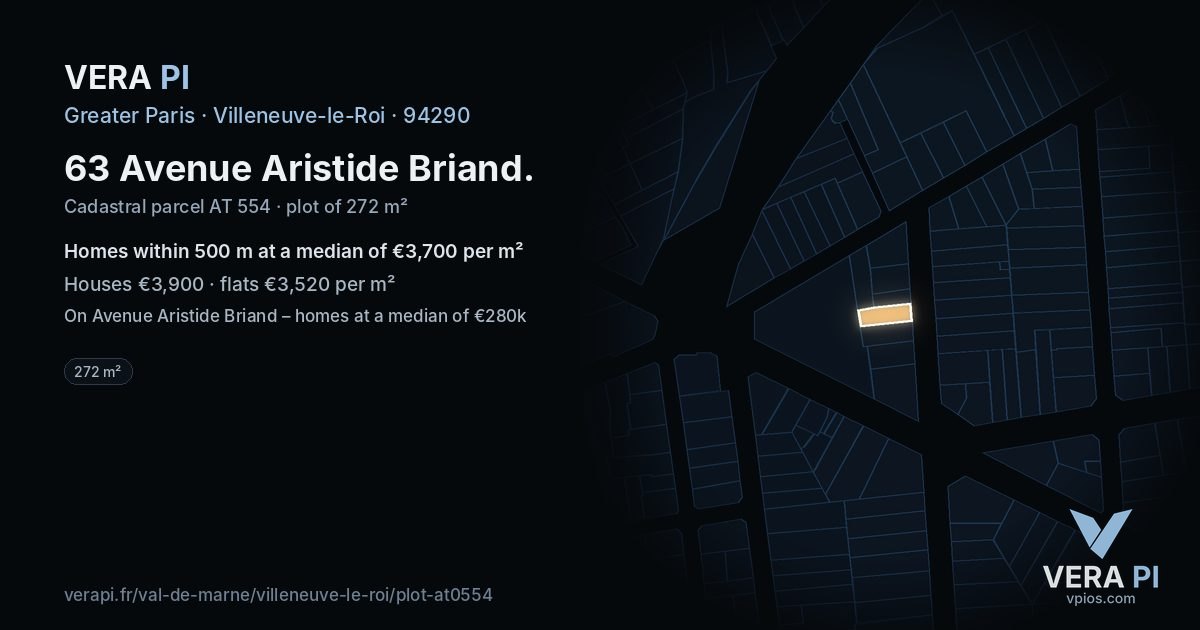 63 Avenue Aristide Briand, Villeneuve-le-Roi at night – the plot lit, the parcels around coloured by the prices near them
