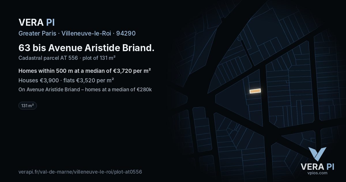 63 bis Avenue Aristide Briand, Villeneuve-le-Roi at night – the plot lit, the parcels around coloured by the prices near them