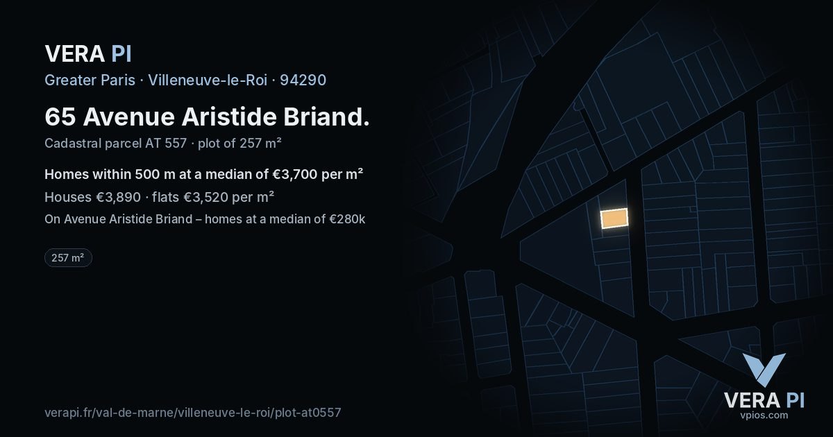 65 Avenue Aristide Briand, Villeneuve-le-Roi at night – the plot lit, the parcels around coloured by the prices near them