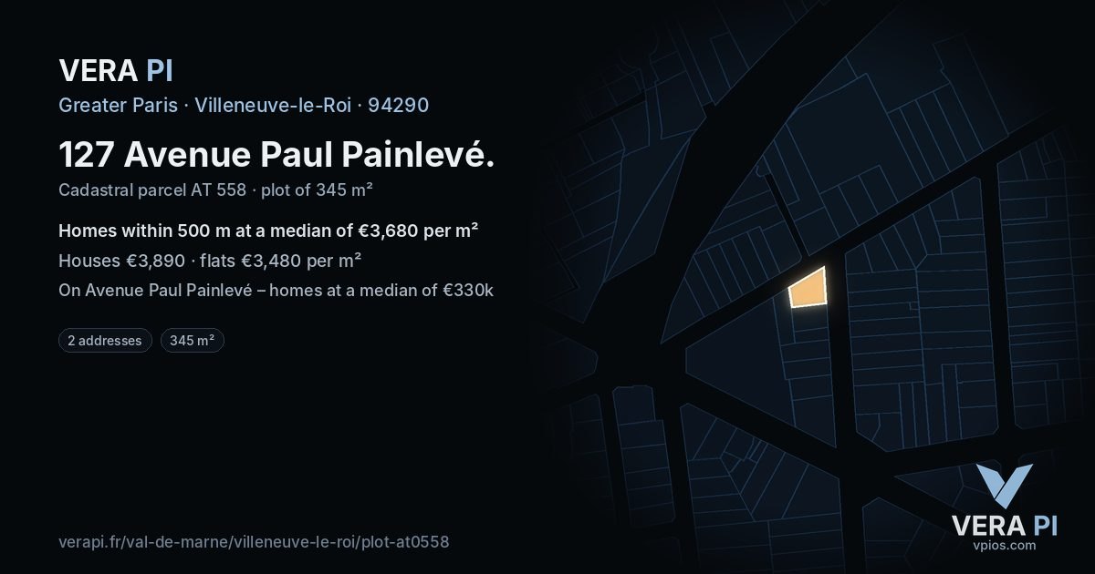 127 Avenue Paul Painlevé, Villeneuve-le-Roi at night – the plot lit, the parcels around coloured by the prices near them