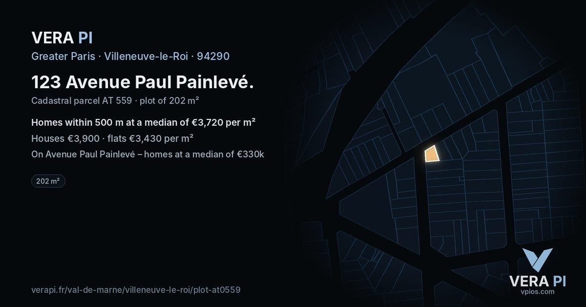 123 Avenue Paul Painlevé, Villeneuve-le-Roi at night – the plot lit, the parcels around coloured by the prices near them