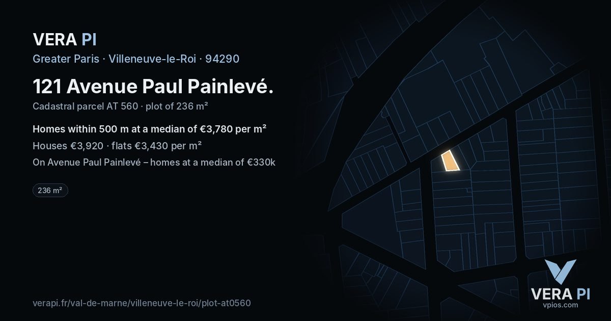 121 Avenue Paul Painlevé, Villeneuve-le-Roi at night – the plot lit, the parcels around coloured by the prices near them