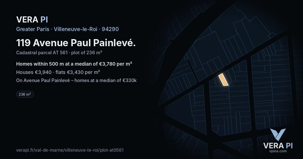 119 Avenue Paul Painlevé, Villeneuve-le-Roi at night – the plot lit, the parcels around coloured by the prices near them