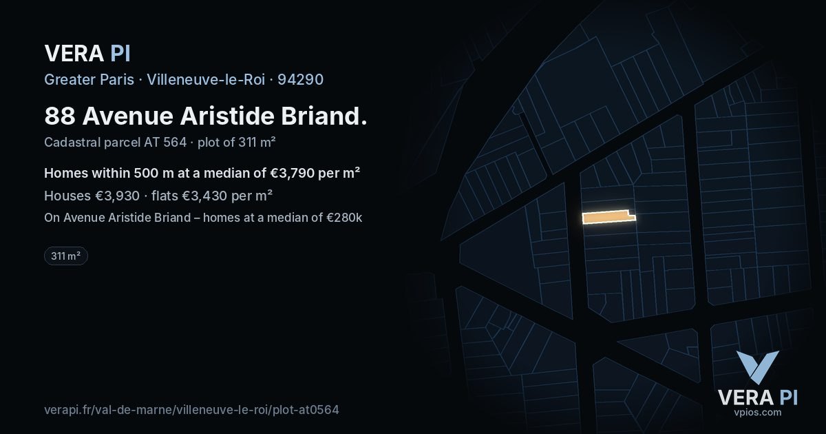 88 Avenue Aristide Briand, Villeneuve-le-Roi at night – the plot lit, the parcels around coloured by the prices near them