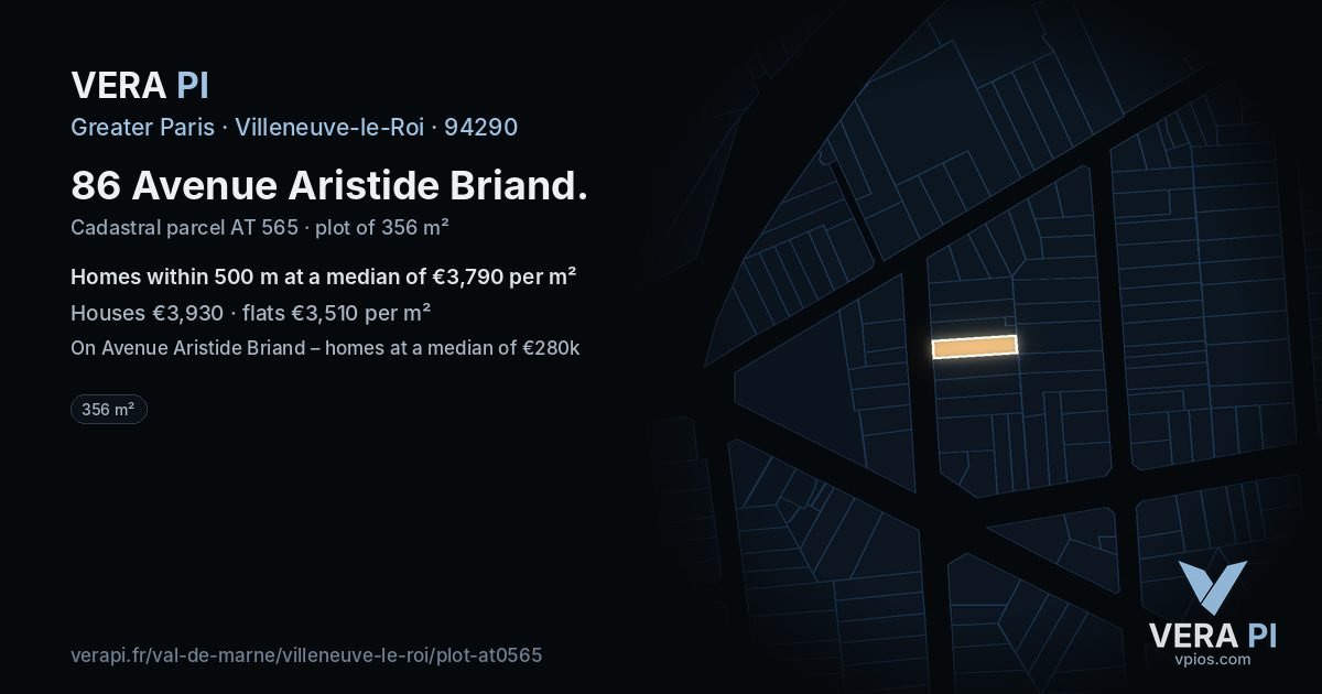 86 Avenue Aristide Briand, Villeneuve-le-Roi at night – the plot lit, the parcels around coloured by the prices near them