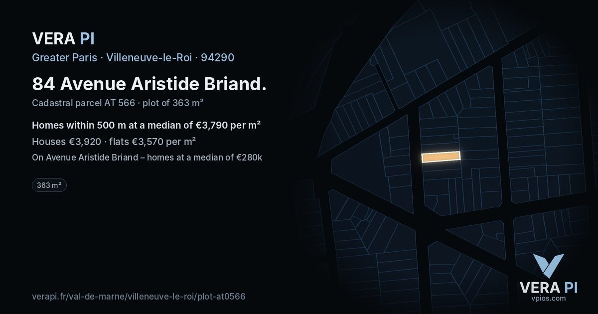 84 Avenue Aristide Briand, Villeneuve-le-Roi at night – the plot lit, the parcels around coloured by the prices near them