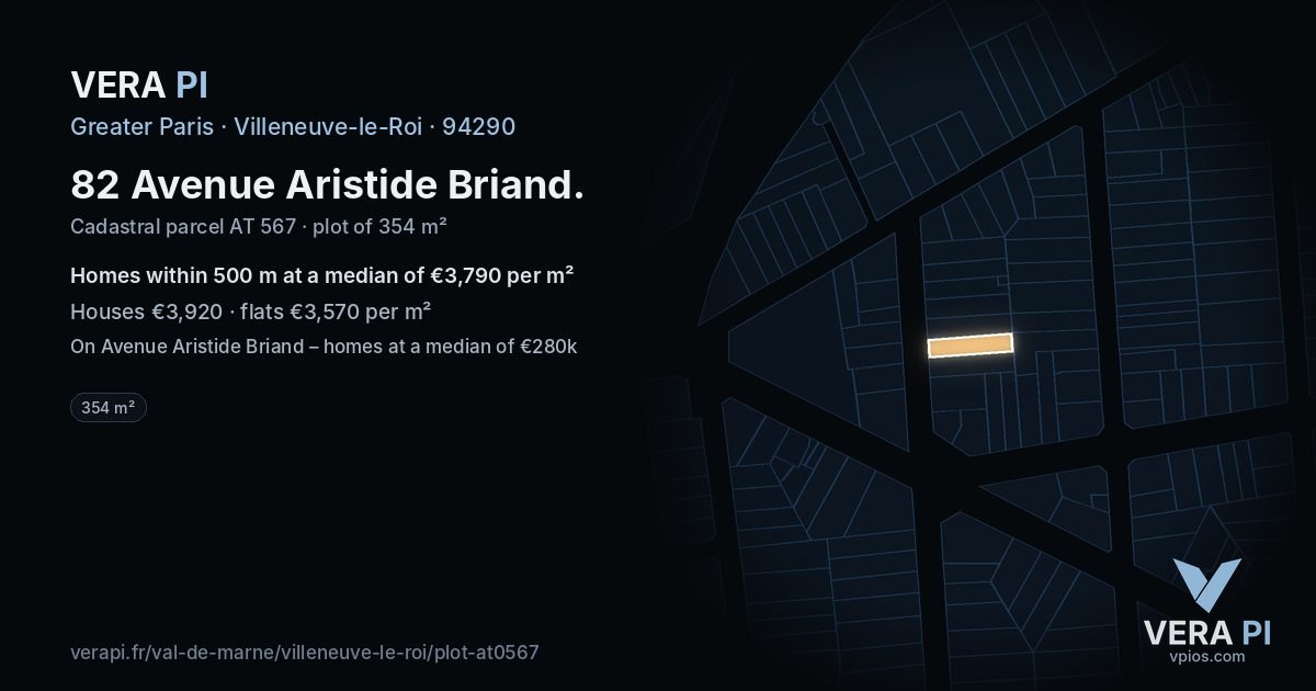 82 Avenue Aristide Briand, Villeneuve-le-Roi at night – the plot lit, the parcels around coloured by the prices near them
