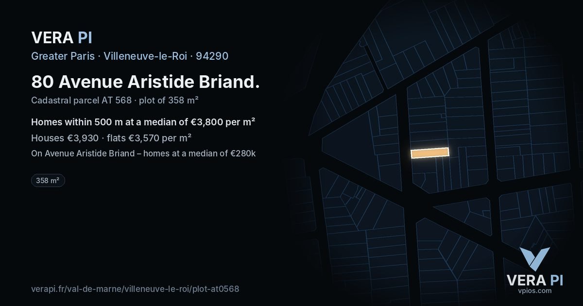 80 Avenue Aristide Briand, Villeneuve-le-Roi at night – the plot lit, the parcels around coloured by the prices near them
