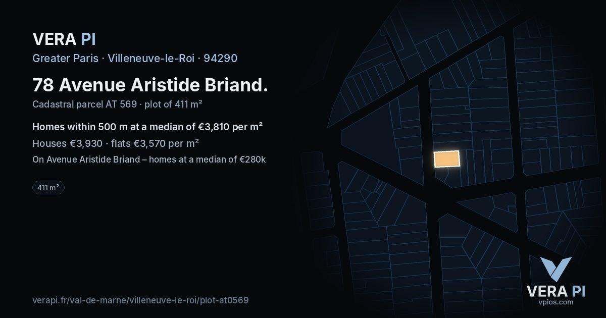 78 Avenue Aristide Briand, Villeneuve-le-Roi at night – the plot lit, the parcels around coloured by the prices near them