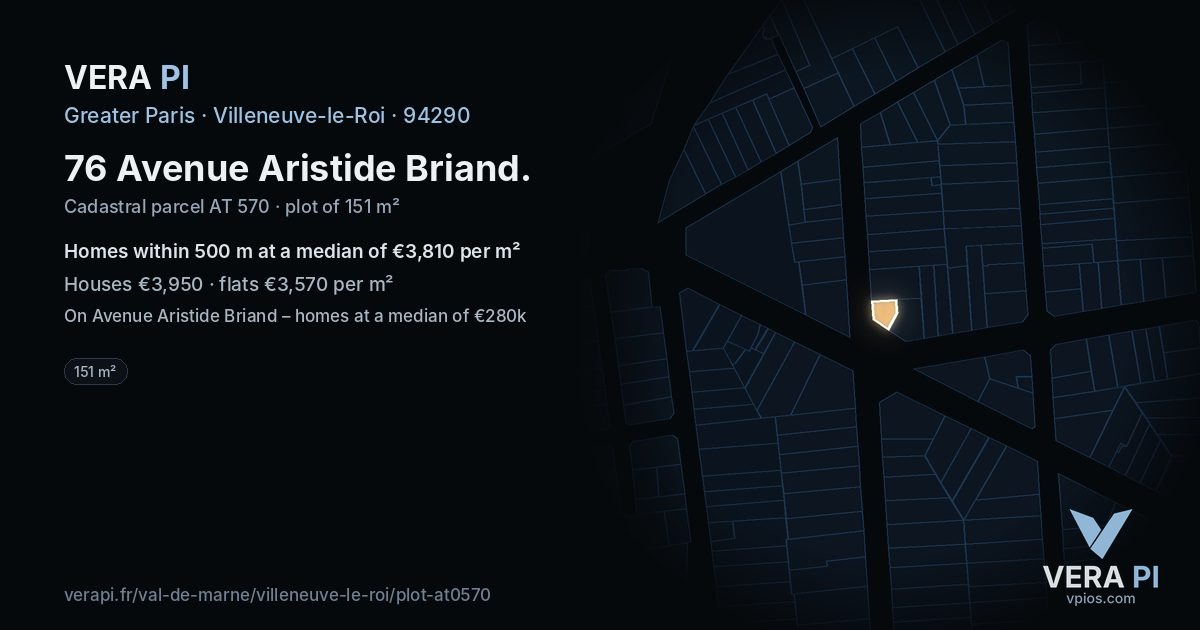 76 Avenue Aristide Briand, Villeneuve-le-Roi at night – the plot lit, the parcels around coloured by the prices near them