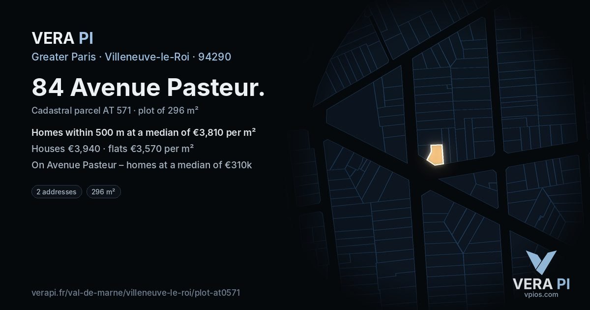 84 Avenue Pasteur, Villeneuve-le-Roi at night – the plot lit, the parcels around coloured by the prices near them