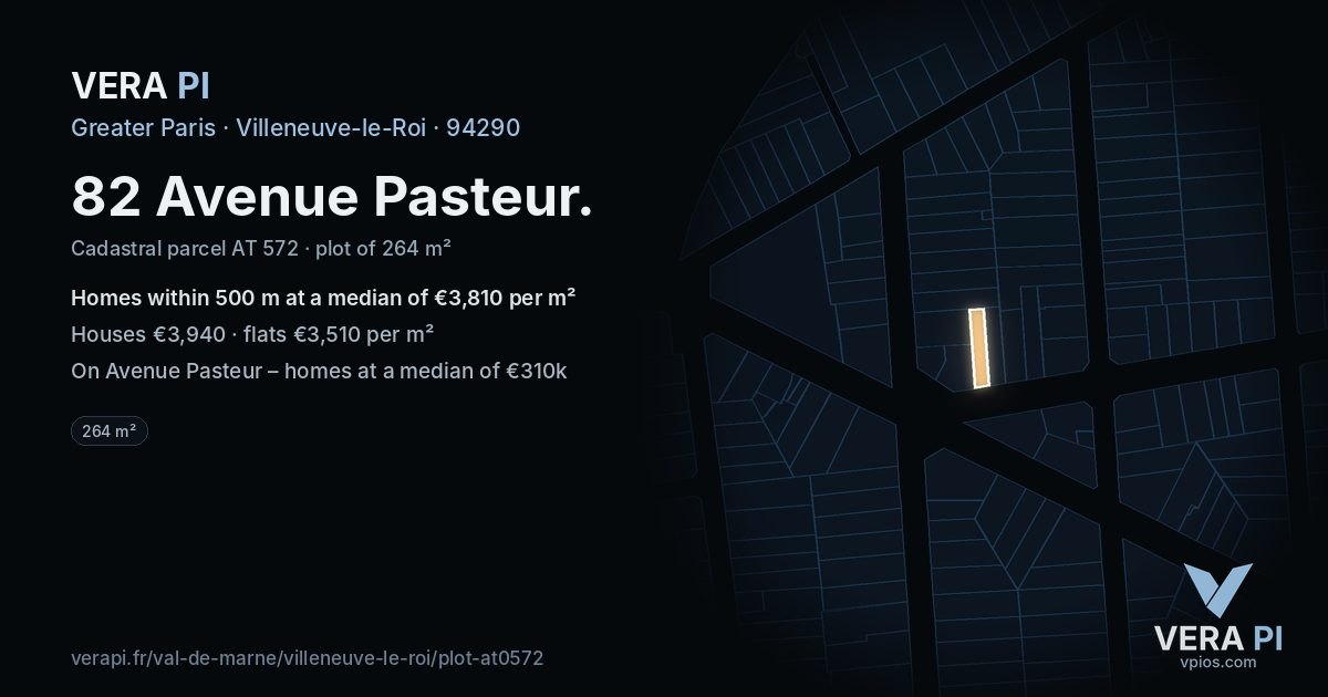 82 Avenue Pasteur, Villeneuve-le-Roi at night – the plot lit, the parcels around coloured by the prices near them