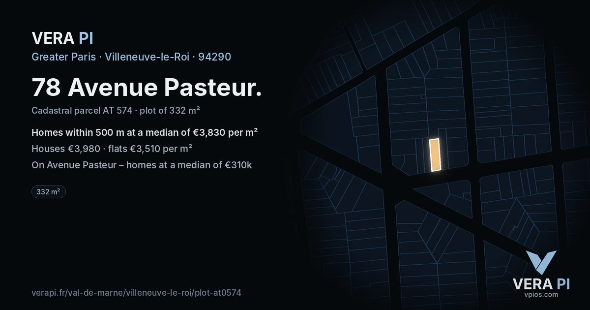 78 Avenue Pasteur, Villeneuve-le-Roi at night – the plot lit, the parcels around coloured by the prices near them