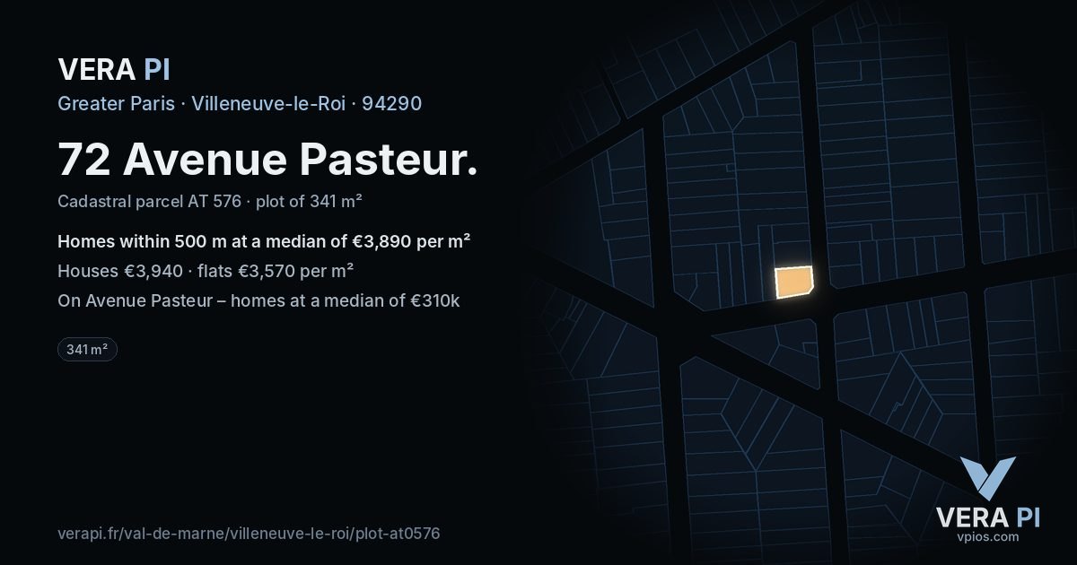 72 Avenue Pasteur, Villeneuve-le-Roi at night – the plot lit, the parcels around coloured by the prices near them