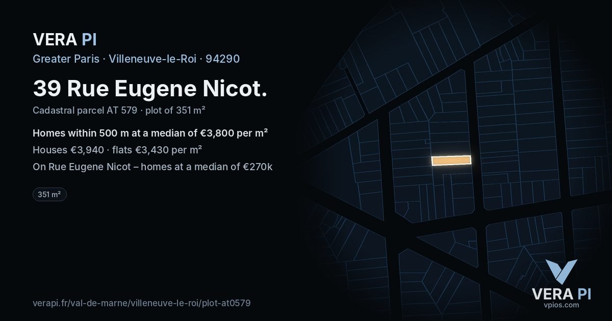 39 Rue Eugene Nicot, Villeneuve-le-Roi at night – the plot lit, the parcels around coloured by the prices near them