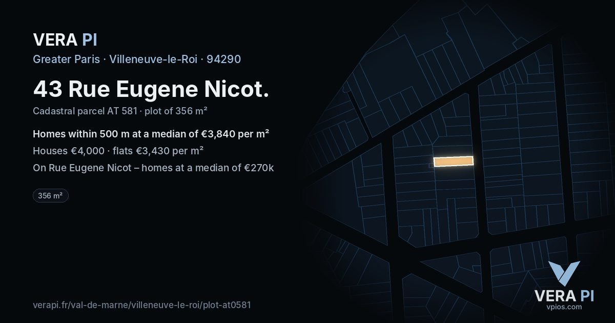 43 Rue Eugene Nicot, Villeneuve-le-Roi at night – the plot lit, the parcels around coloured by the prices near them