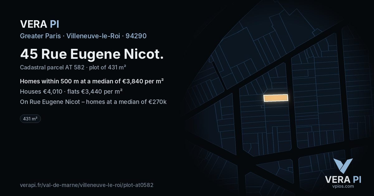 45 Rue Eugene Nicot, Villeneuve-le-Roi at night – the plot lit, the parcels around coloured by the prices near them