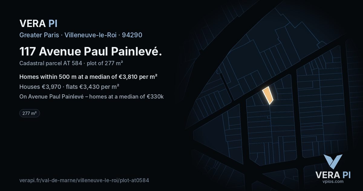 117 Avenue Paul Painlevé, Villeneuve-le-Roi at night – the plot lit, the parcels around coloured by the prices near them