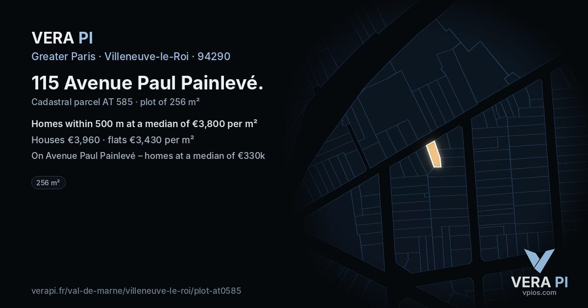 115 Avenue Paul Painlevé, Villeneuve-le-Roi at night – the plot lit, the parcels around coloured by the prices near them